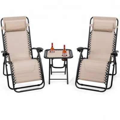 Quikfurn 3 Piece Folding Portable Reclining Lounge Chairs Table Set Tan