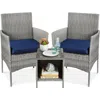 Quikfurn 3-piece Grey Pe Wicker Outdoor Patio Furniture Dining Set W/ Navy Blue Cushions