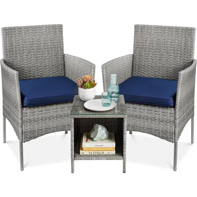 Quikfurn 3-piece Grey Pe Wicker Outdoor Patio Furniture Dining Set W/ Navy Blue Cushions