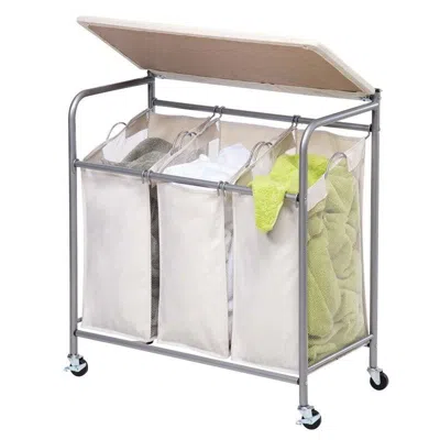 Quikfurn 3 Section Wheeled Laundry Sorter Cart With Lift Top Folding Ironing Board