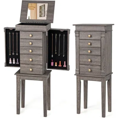 Quikfurn 5-drawer Jewelry Armoire Cabinet With Top Mirror In Grey Wood Finish