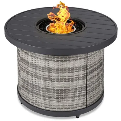 Quikfurn 50,000 Btu Grey Wicker Round Lp Gas Propane Fire Pit W/ Faux Wood Tabletop And Cover
