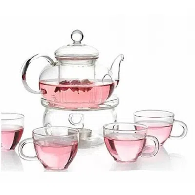 Quikfurn 6-piece Glass Tea Pot Set With 4 Cups Teapot Warmer And Infuser In Transparent