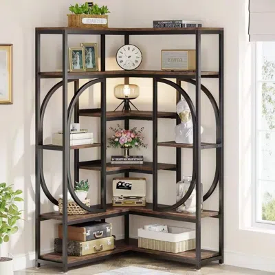 Quikfurn 67-inch Tall Modern Industrial Metal Wood Corner Bookcase In Black