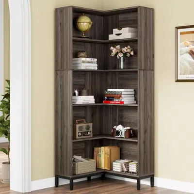 Quikfurn 71-inch High Corner Bookcase Bookshelf In Dark Gray Wood Finish
