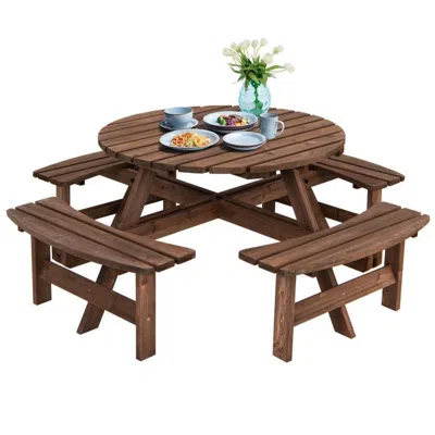 Quikfurn 8-set Outdoor Solid Wood Round Picnic Table With 4 Benches Patio Garden Dining Set