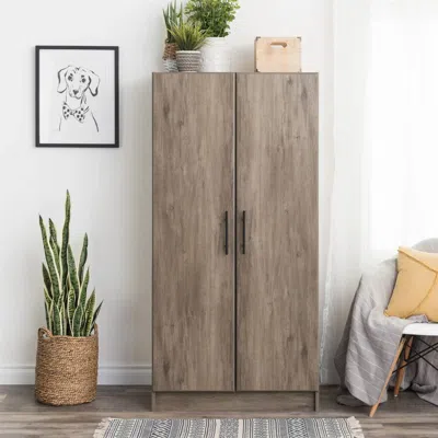 Quikfurn Bedroom Armoire Wardrobe Cabinet With Hanging Rail In Grey Brown Wood Finish