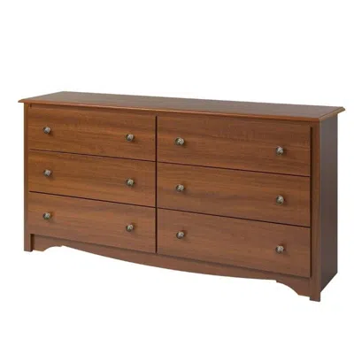 Quikfurn Bedroom Dresser In Medium Brown Cherry Finish With 6 Drawers And Metal Knobs