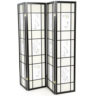 Quikfurn Black 4-panel Room Divider Shoji Screen With Asian Floral Print