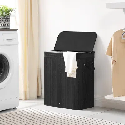 Quikfurn Black Bamboo Wood 26-gal Laundry Hamper Basket W/ Removable Washable Cotton Bag