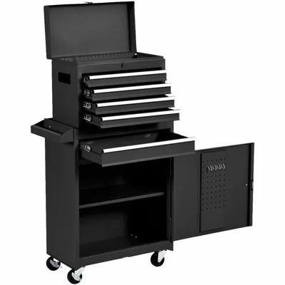 Quikfurn Black Heavy Duty Steel Lockable Rolling Garage Tool Chest Mobile Storage Cart