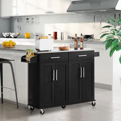Quikfurn Black Kitchen Island Cart With Stainless Steel Top 2 Drawers And Cabinet