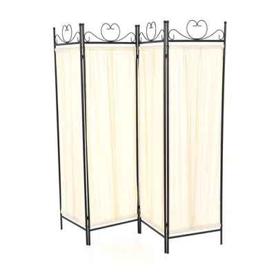 Quikfurn Black Metal 4-panel Room Divider With Off-white Fabric Screen