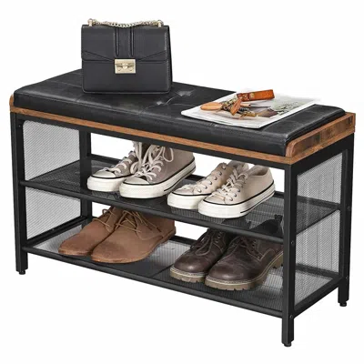 Quikfurn Black Metal Entryway Shoe Rack Storage Bench With Padded Seat Cushion