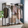 Quikfurn Black Metal Garment Rack With 4 Clothes Hanging Rods And 2 Wood Storage Shelves
