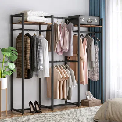 Quikfurn Black Metal Garment Rack With 4 Clothes Hanging Rods And 2 Wood Storage Shelves