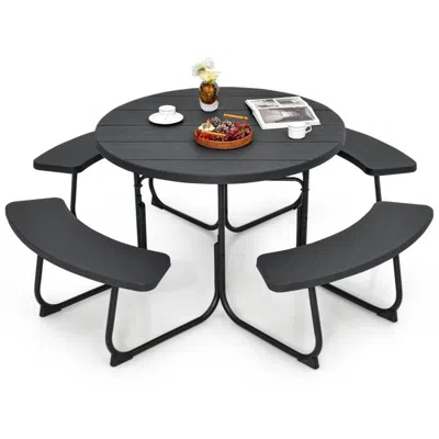 Quikfurn Black Outdoor Metal And Hdpe Picnic Table Bench Set With Umbrella Hole - Seats 8 In Gray