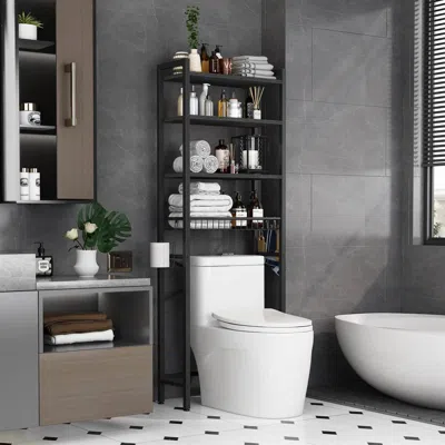 Quikfurn Black Over The Toilet Storage Freestanding Industrial Metal Wood Shelving Unit