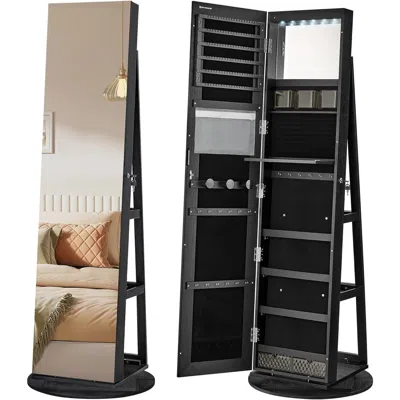 Quikfurn Black Wood Jewelry Cabinet Armoire Organizer Freestanding Rotating Mirror