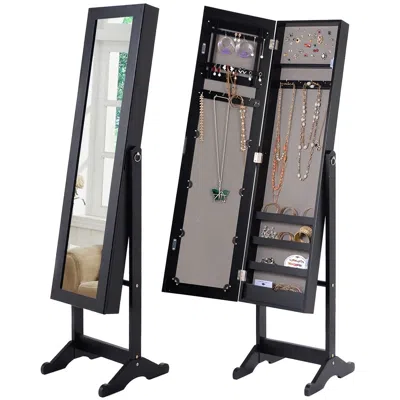 Quikfurn Black Wood Jewelry Storage Cabinet Freestanding Floor Mirror