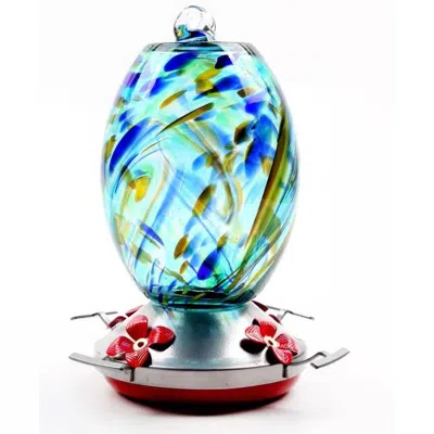 Quikfurn Blue Blown Glass Hummingbird Feeder With Perch And 4 Feeding Ports