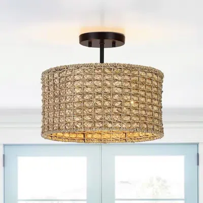 Quikfurn Bohemian 13.6-inch Round Rattan Drum 2-light Ceiling Light - Semi-flush Mount In Brown