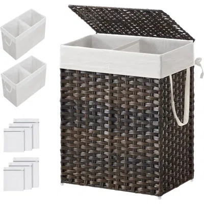 Quikfurn Brown Pp Rattan 24-gal Laundry Hamper Basket W/ 2-compartment Washable Liner Bag