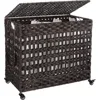 Quikfurn Brown Pp Rattan 3-basket Laundry Hamper Sorter Cart With Removable Cotton Bags