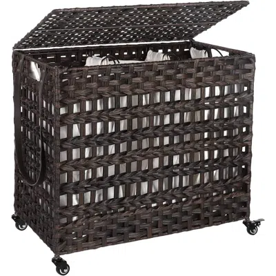 Quikfurn Brown Pp Rattan 3-basket Laundry Hamper Sorter Cart With Removable Cotton Bags