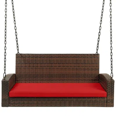Quikfurn Brown Wicker Hanging Patio Porch Swing Bench W/ Mounting Chains And Red Seat Cushion