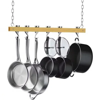Quikfurn Ceiling Mounted 36-inch Wooden Pot Rack With 4 Pan Hanging Hooks And 2 Swivel Hooks