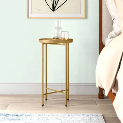 Quikfurn Classic Gold Finish Metal Round End Table Nightstand With Removable Tray Top