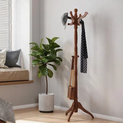 Quikfurn Classic Traditional Solid Wood Coat Rack In Walnut Finish