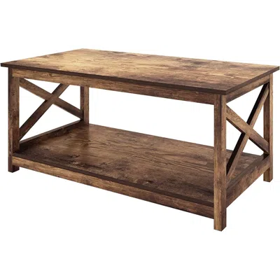 Quikfurn Contemporary 2-tier Farmhouse Coffee Table In Rustic Wood Finish