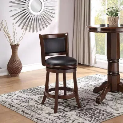 Quikfurn Counter Height Barstool In Dark Brown Wood Finish With Black Padded Swivel Seat