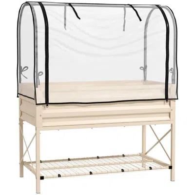 Quikfurn Cream Elevated Metal Raised Garden Bed W/ Greenhouse Cover