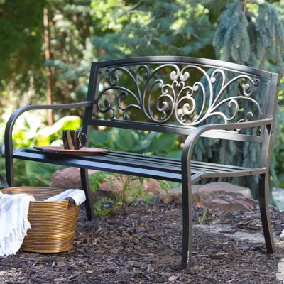 Quikfurn Curved Metal Garden Bench With Heart Pattern In Black Antique Bronze Finish