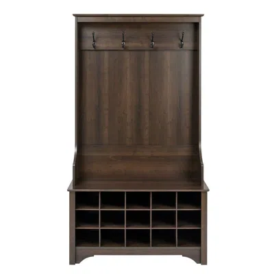 Quikfurn Dark Brown Entryway Hall Tree Shoe Cubbie Coat Rack