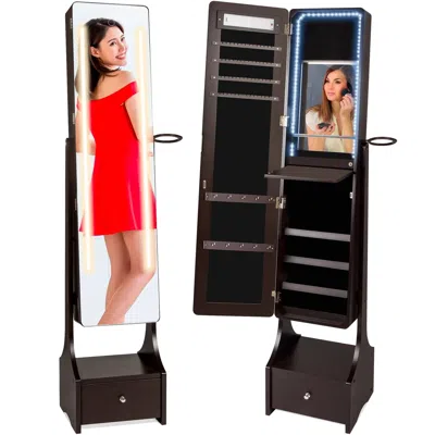Quikfurn Dark Brown Jewelry Cabinet Freestanding Full Length Mirror With Led Lights