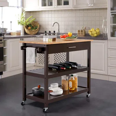 Quikfurn Dark Brown Kitchen Island Cart W/ Wood Top 2-shelves Drawer And Locking Wheels