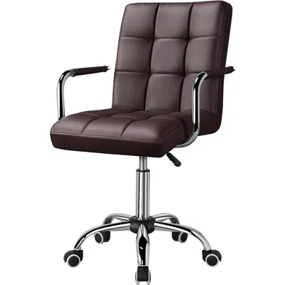 Quikfurn Dark Brown Modern Faux Leather Mid-back Office Chair With Armrests And Wheels