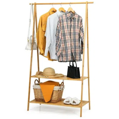 Quikfurn Entryway Bedroom Wood Garment Clothes Hanging Rack With 2 Bottom Storage Shelves