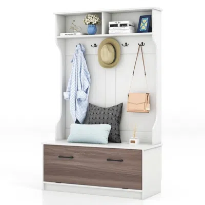 Quikfurn Entryway Bench Coat Rack Shoe Storage Cabinet In White Oak Wood Finish