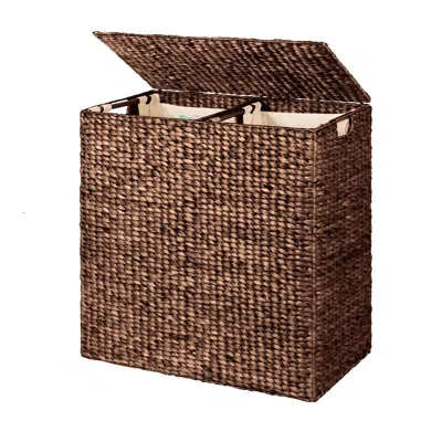 Quikfurn Espresso 2-bin Handwoven Hyacinth Linen Liner Laundry Hamper W/ Handles