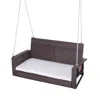 Quikfurn Espresso Wicker Porch Swing 7ft Hanging Chain With Cream Padded Cushion