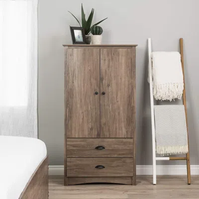 Quikfurn Farmhome Rustic 2 Drawer Bedroom Storage Armoire Grey Oak