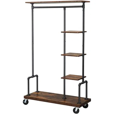 Quikfurn Farmhouse 5 Tier Laundry Pipe Garment Closet Rack Wheels