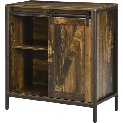 Quikfurn Farmhouse Buffet Cabinet Sideboard With Sliding Door In Rustic Brown Wood Finish