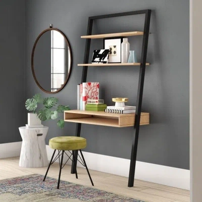 Quikfurn Farmhouse Rustic Oak Black Leaning Ladder Writing Desk 2 Shelves