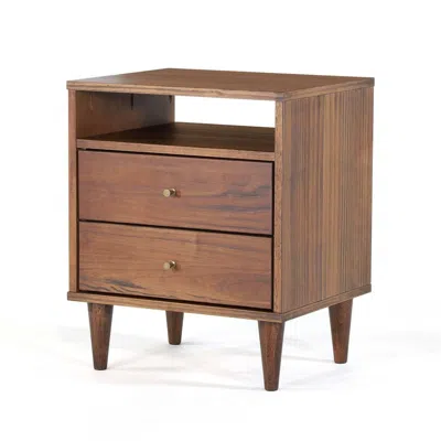 Quikfurn Farmhouse Rustic Walnut Mid Century 2 Drawer Nightstand